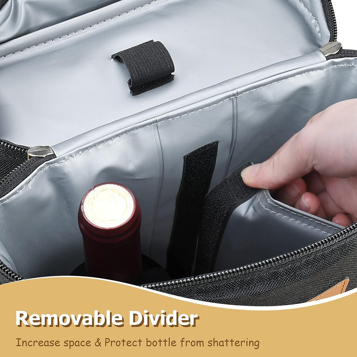 Insulated Wine Bottle Carrier with Padded Divider and Adjustable Shoulder Strap