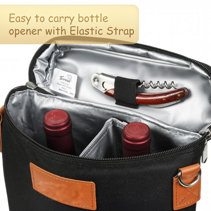 Insulated Wine Bottle Carrier with Padded Divider and Adjustable Shoulder Strap