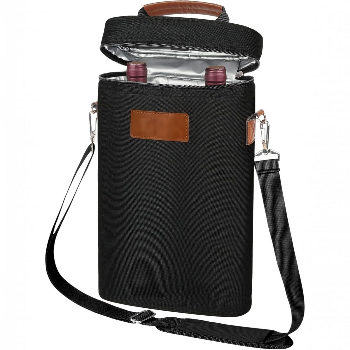 Insulated Wine Bottle Carrier with Padded Divider and Adjustable Shoulder Strap