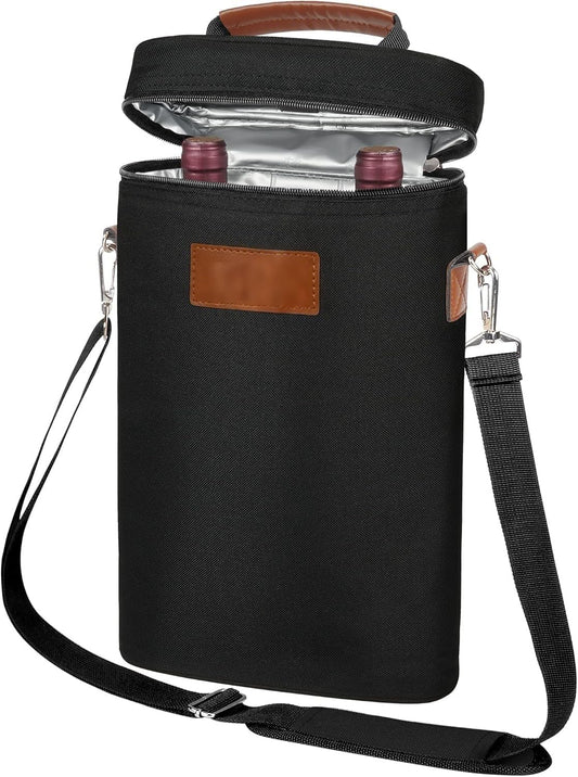 Insulated Wine Bottle Carrier with Padded Divider and Adjustable Shoulder Strap