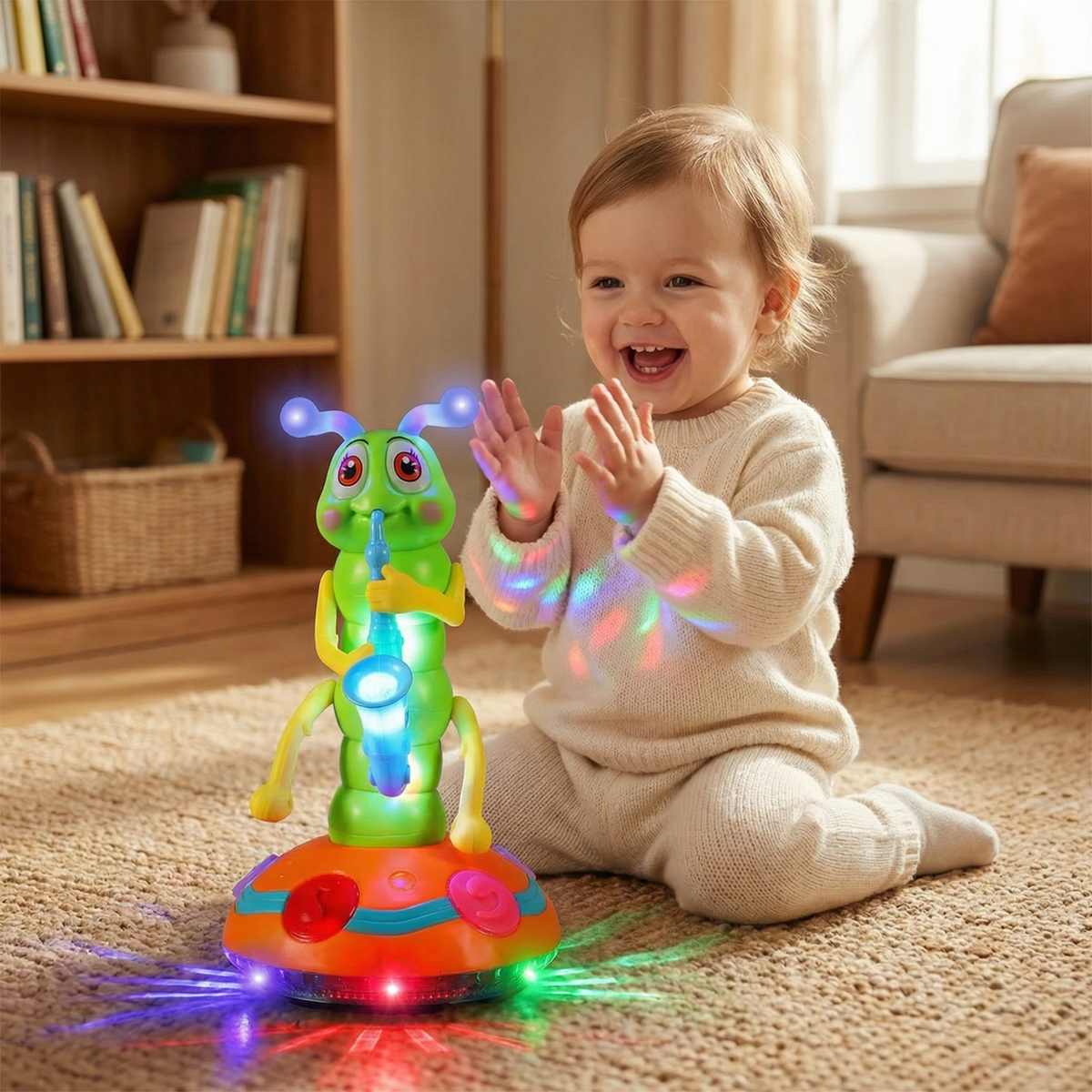 Dancing Saxophone Caterpillar Toy That Spins, Plays Music, and Flashes Colorful Lights