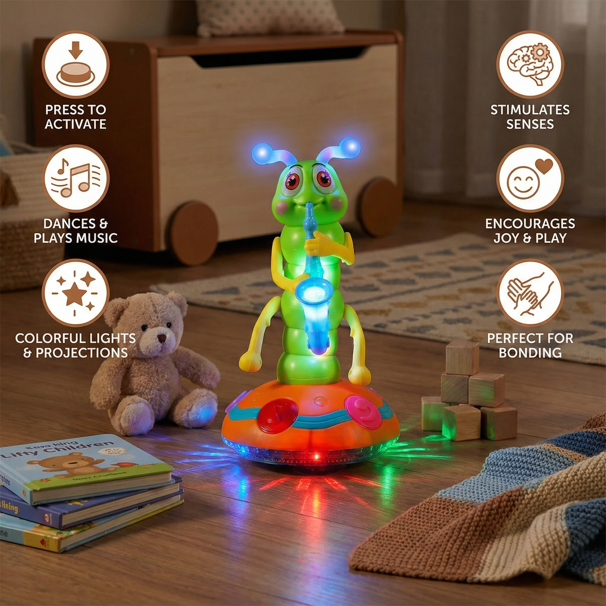 Dancing Saxophone Caterpillar Toy That Spins, Plays Music, and Flashes Colorful Lights
