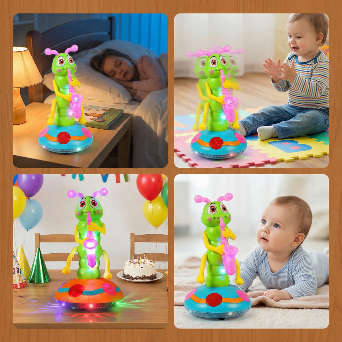 Dancing Saxophone Caterpillar Toy That Spins, Plays Music, and Flashes Colorful Lights