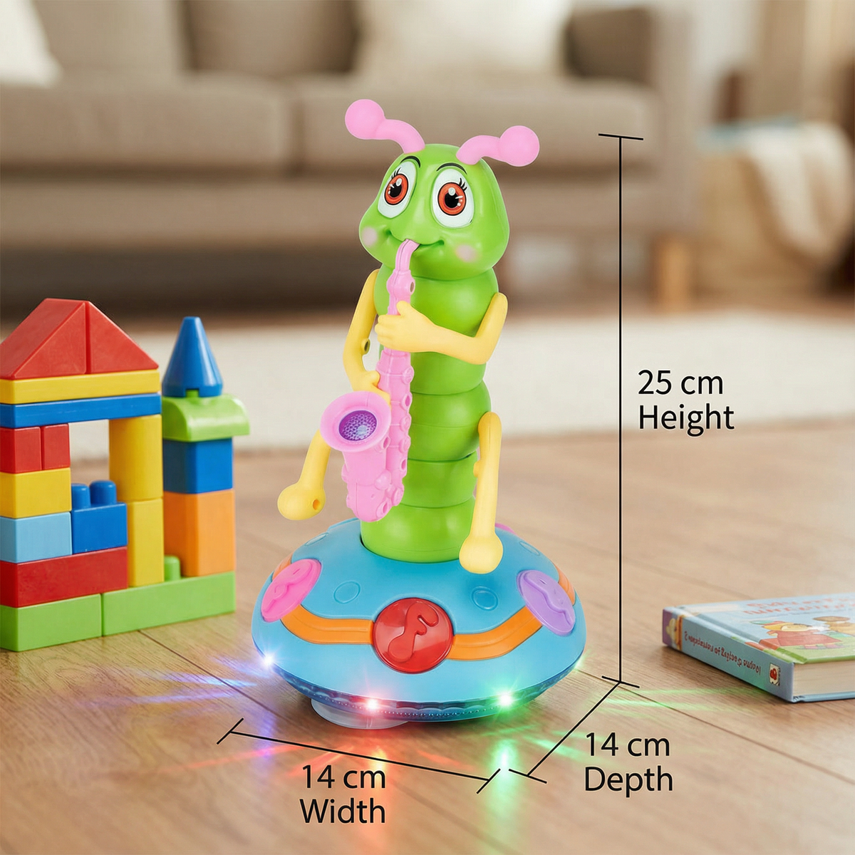 Dancing Saxophone Caterpillar Toy That Spins, Plays Music, and Flashes Colorful Lights