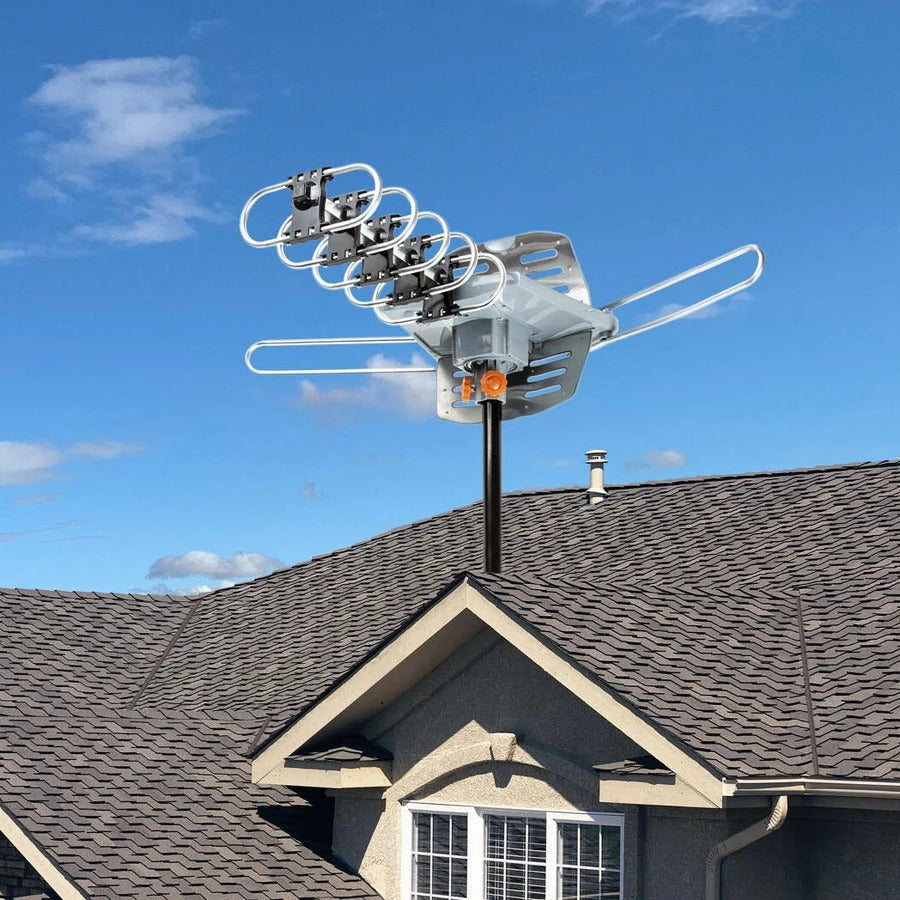 Long Range Digital HD TV Antenna with 360 Degree Motor Remote and Mounting Pole for Roofs and Attics
