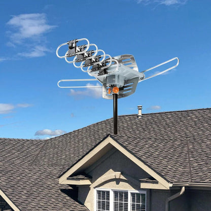 Long Range Digital HD TV Antenna with 360 Degree Motor Remote and Mounting Pole for Roofs and Attics