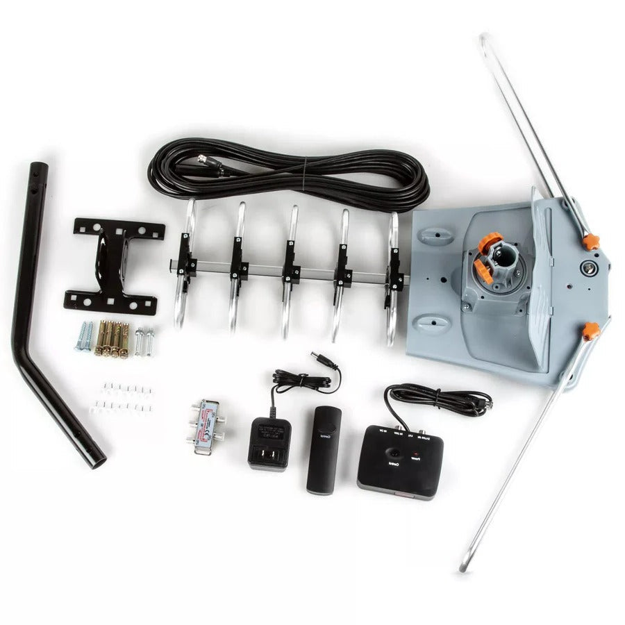 Long Range Digital HD TV Antenna with 360 Degree Motor Remote and Mounting Pole for Roofs and Attics