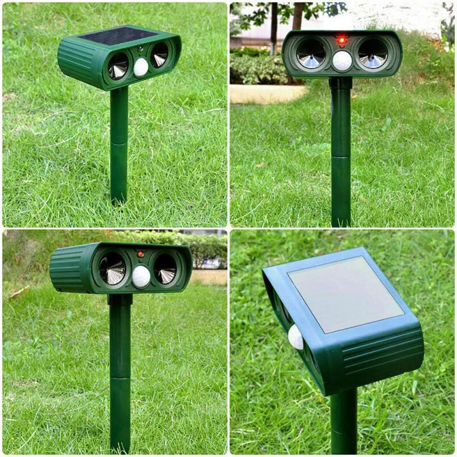 Solar Powered Animal Deterrent with Motion Sensor Infrared Pulse and Flashing LEDs for Patios and Yards
