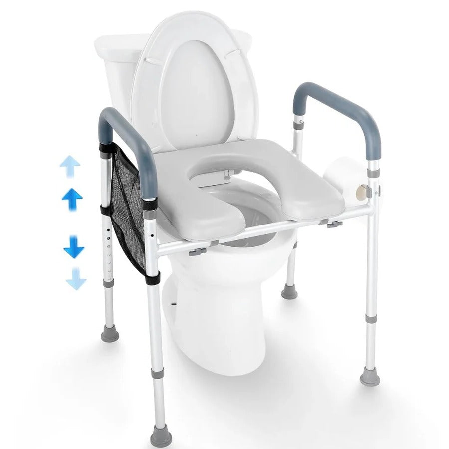 Height Adjustable Raised Toilet Seat with Padded Armrests and Aluminum Frame for Home Bathrooms
