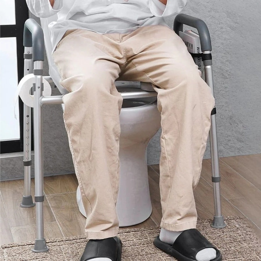 Height Adjustable Raised Toilet Seat with Padded Armrests and Aluminum Frame for Home Bathrooms