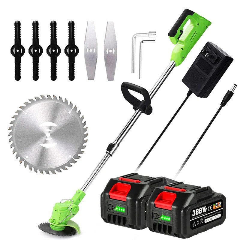 Battery Powered Cordless Grass Trimmer with Wheels and 3 Blade Types