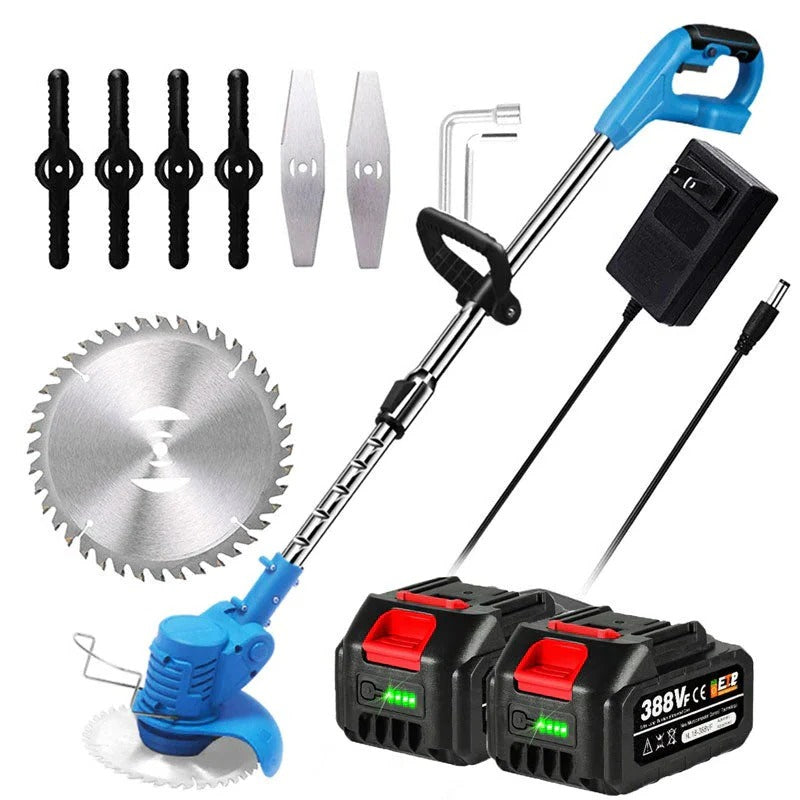 Battery Powered Cordless Grass Trimmer with Wheels and 3 Blade Types