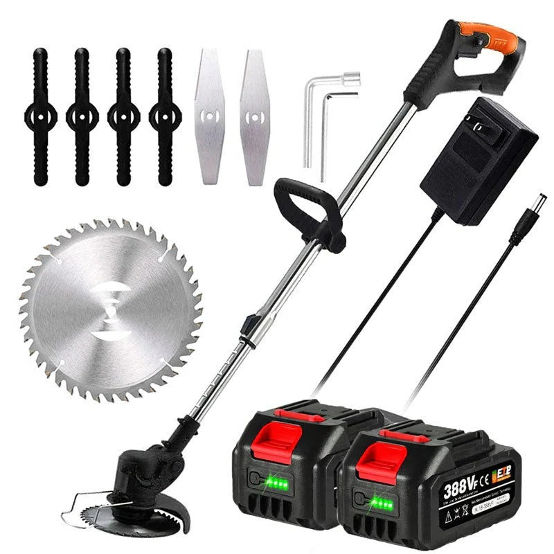 Battery Powered Cordless Grass Trimmer with Wheels and 3 Blade Types