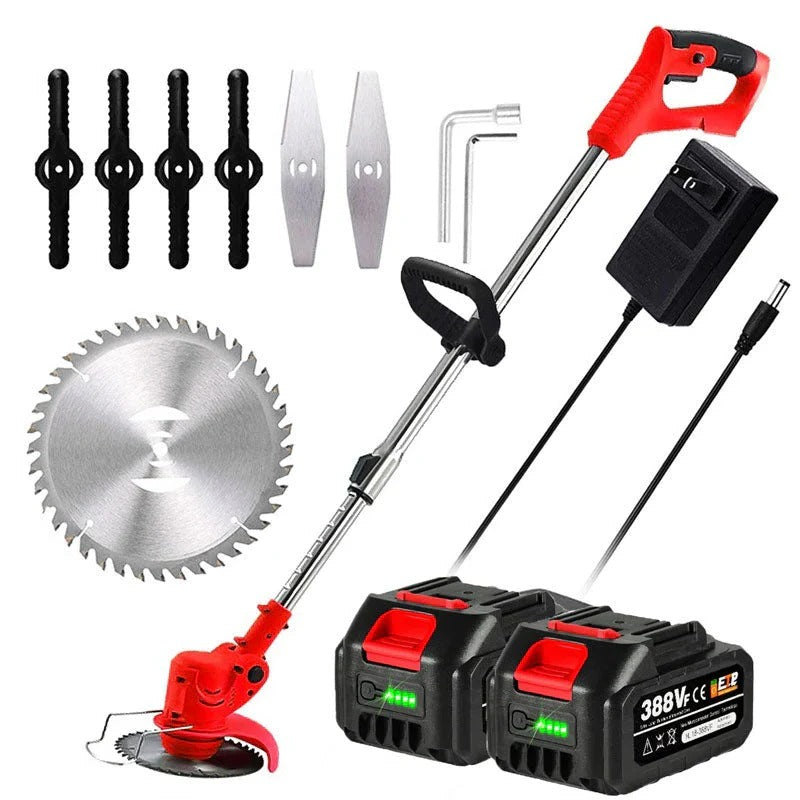 Battery Powered Cordless Grass Trimmer with Wheels and 3 Blade Types