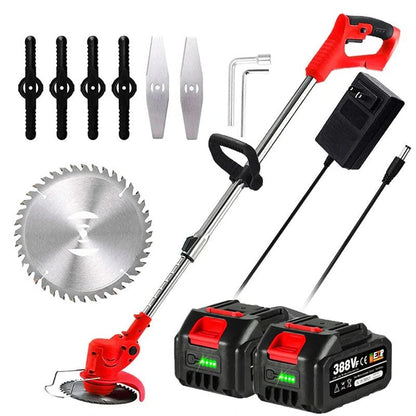 Battery Powered Cordless Grass Trimmer with Wheels and 3 Blade Types