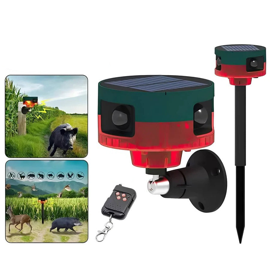 Solar Motion Activated Sound and Light Deterrent with 360 Degree Sensor in Red Or Yellow