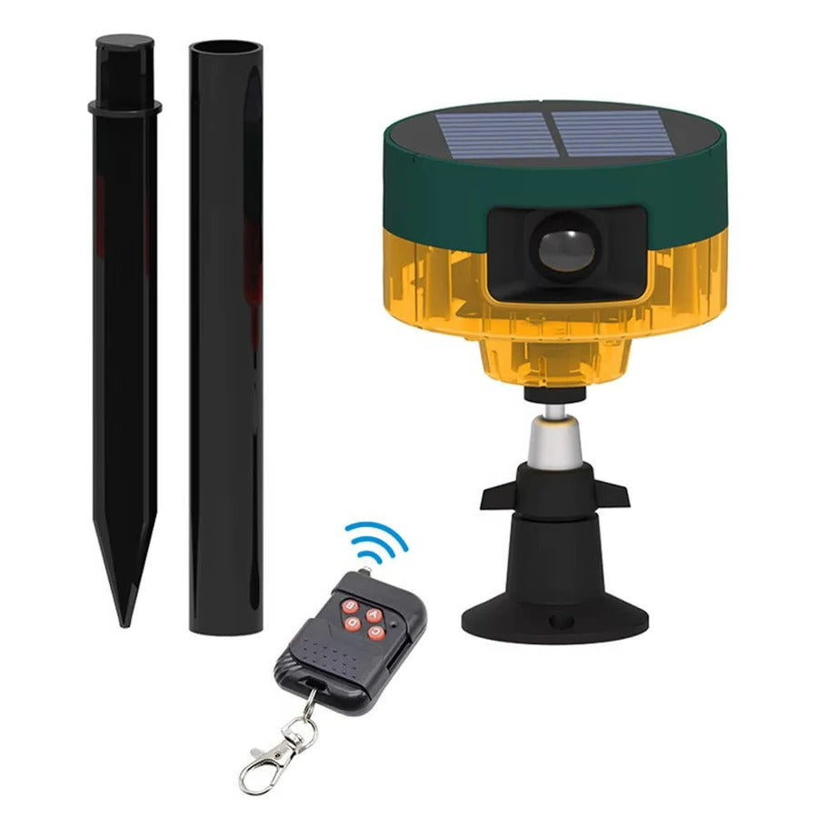 Solar Motion Activated Sound and Light Deterrent with 360 Degree Sensor in Red Or Yellow