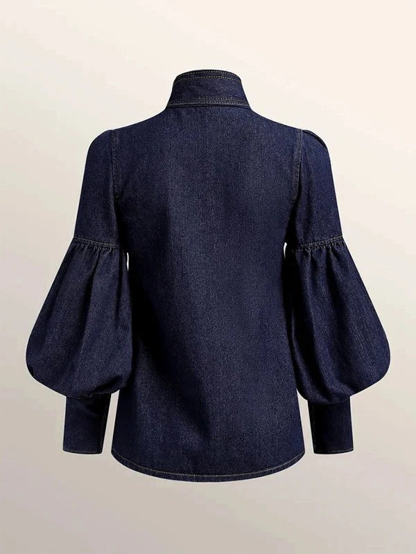 Fitted Blouse with a Bow Tie Neckline, Puff Sleeves with Gathered Cuffs and a Front Button Closure