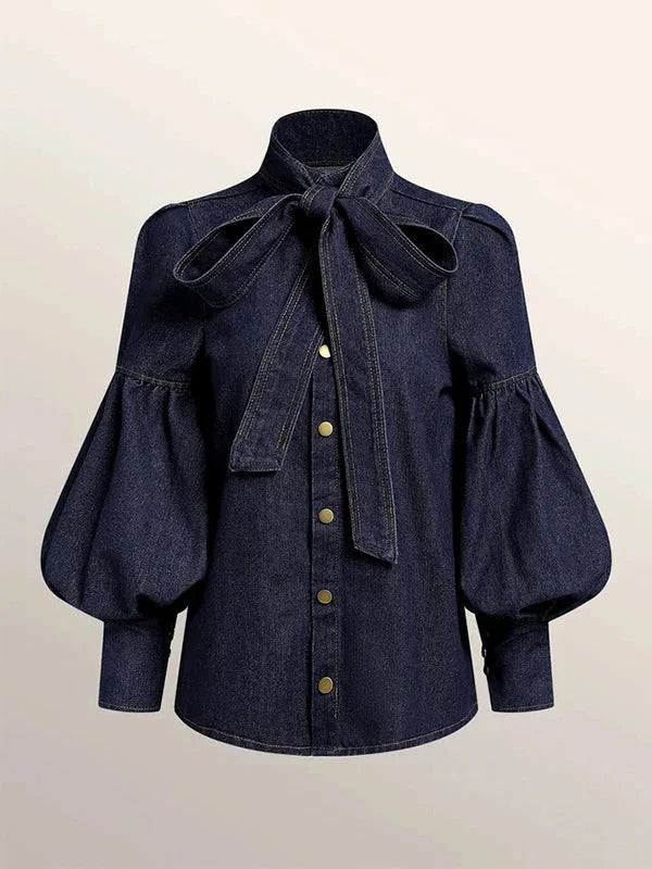 Fitted Blouse with a Bow Tie Neckline, Puff Sleeves with Gathered Cuffs and a Front Button Closure