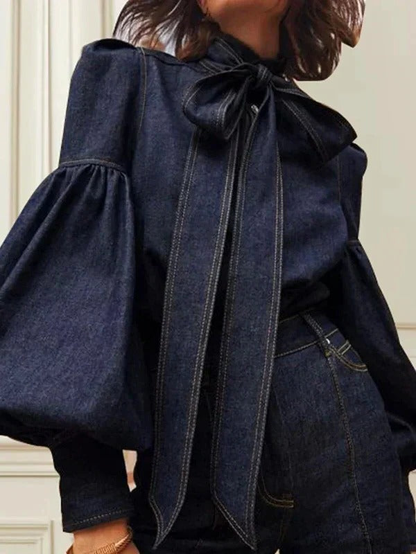 Fitted Blouse with a Bow Tie Neckline, Puff Sleeves with Gathered Cuffs and a Front Button Closure