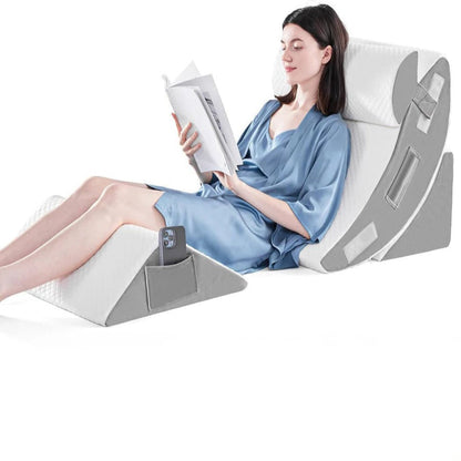 Four Piece Memory Foam Wedge Pillow Set with Linking Straps and Washable Plush Covers in Three Colors