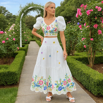 Women’s Floral Puff Sleeve Crop Top & Ruched Skirt Two-Piece Set