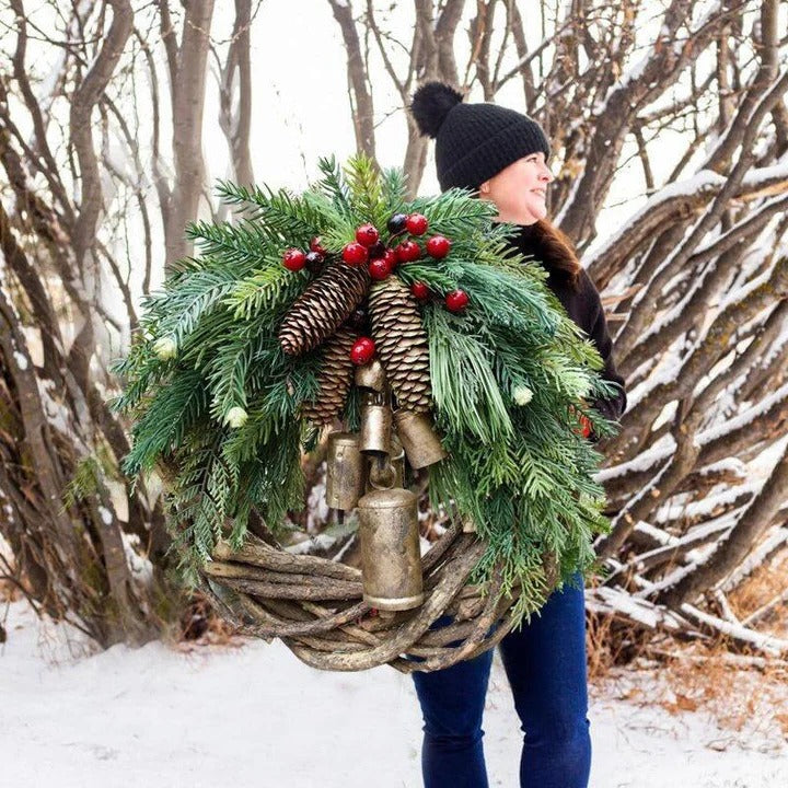Handcrafted Farmhouse Holiday Wreath with Pinecones and Golden Bells