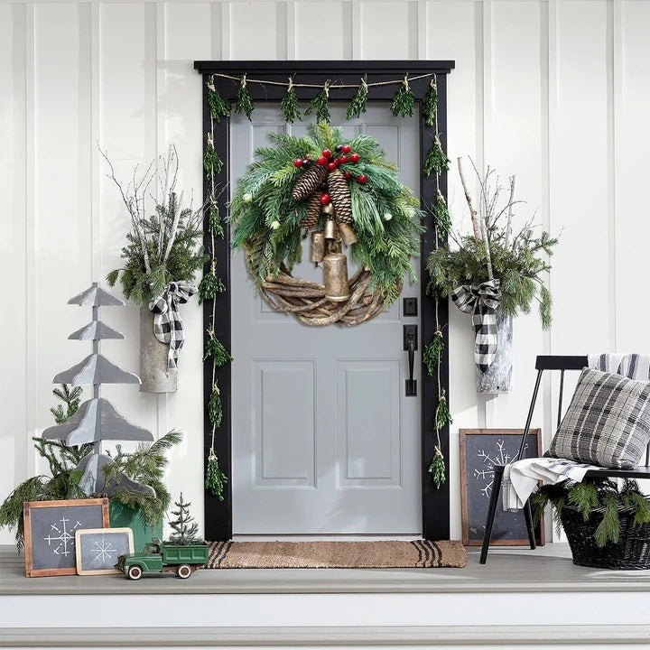 Handcrafted Farmhouse Holiday Wreath with Pinecones and Golden Bells
