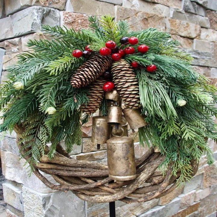 Handcrafted Farmhouse Holiday Wreath with Pinecones and Golden Bells