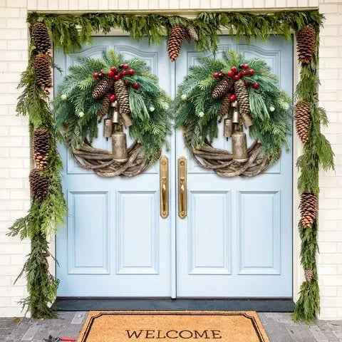 Handcrafted Farmhouse Holiday Wreath with Pinecones and Golden Bells