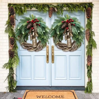 Handcrafted Farmhouse Holiday Wreath with Pinecones and Golden Bells