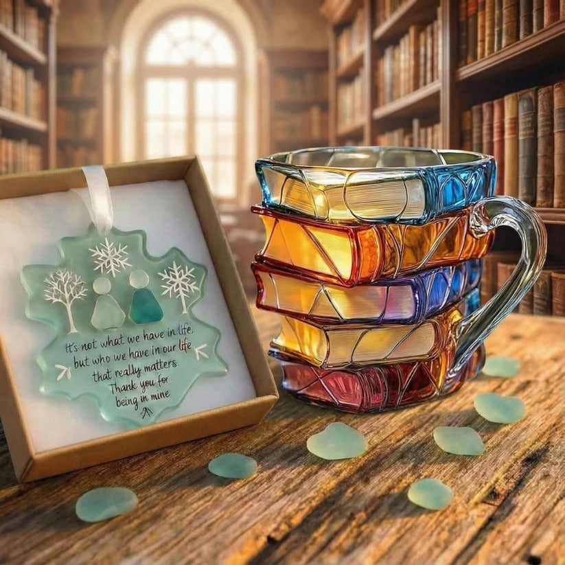 Stacked Book Design Glass Cup with Colorful Translucent Sides and Fused Grip