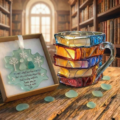 Stacked Book Design Glass Cup with Colorful Translucent Sides and Fused Grip