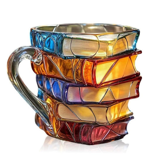 Stacked Book Design Glass Cup with Colorful Translucent Sides and Fused Grip