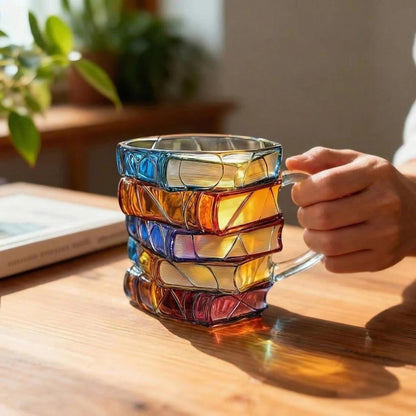 Stacked Book Design Glass Cup with Colorful Translucent Sides and Fused Grip