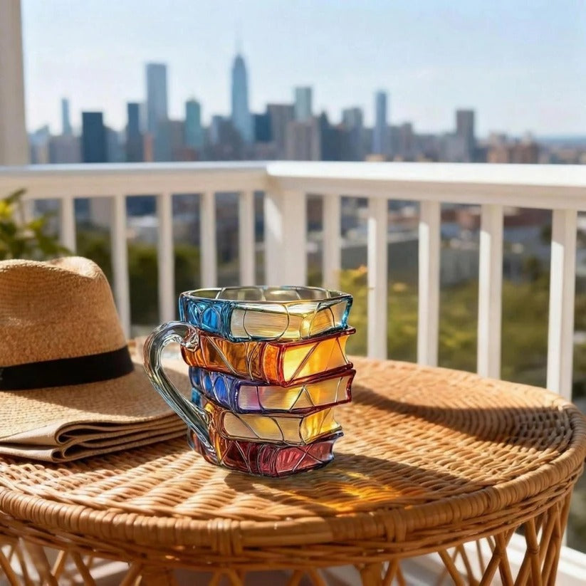 Stacked Book Design Glass Cup with Colorful Translucent Sides and Fused Grip