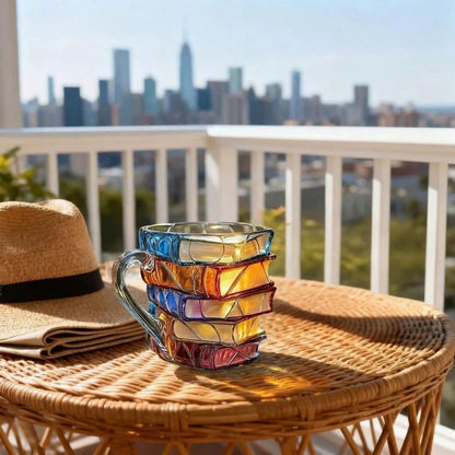 Stacked Book Design Glass Cup with Colorful Translucent Sides and Fused Grip