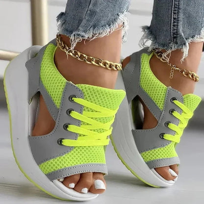 Women’s Lace Up Flat Sandals with Contrast Panels and Cutouts