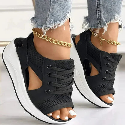 Women’s Lace Up Flat Sandals with Contrast Panels and Cutouts