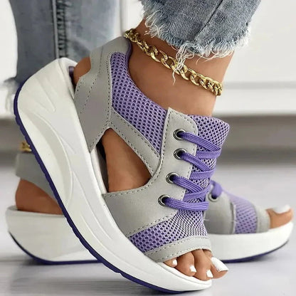 Women’s Lace Up Flat Sandals with Contrast Panels and Cutouts