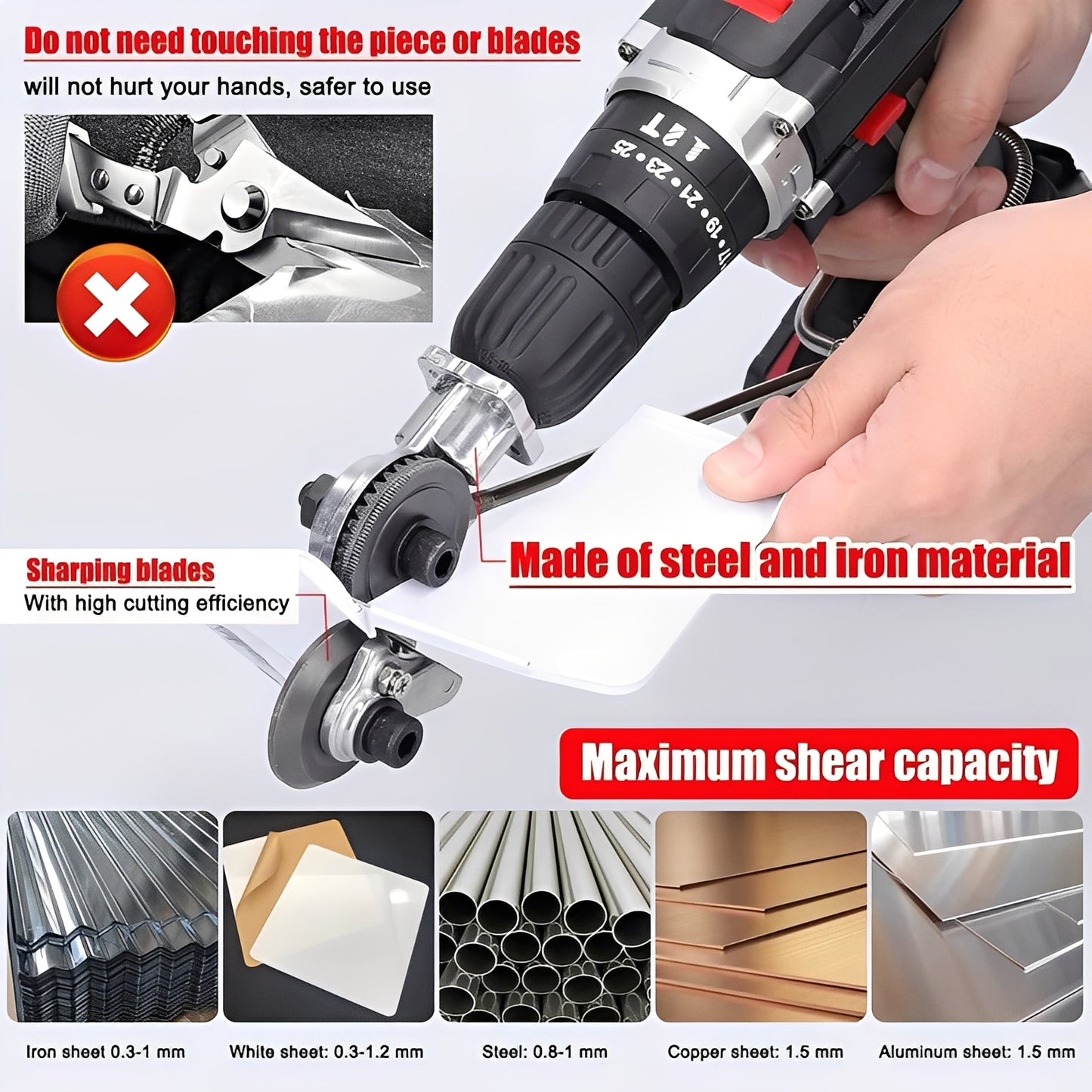 Drill Powered Metal Shear Cutter Attachment for Sheet Material