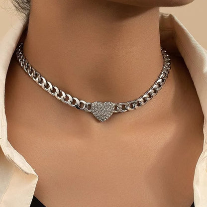 Crystal Heart Charm Choker Necklace with Cuban Chain