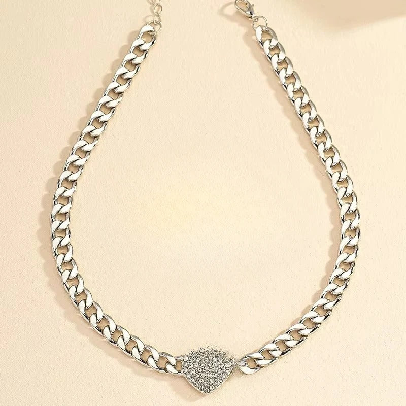 Crystal Heart Charm Choker Necklace with Cuban Chain