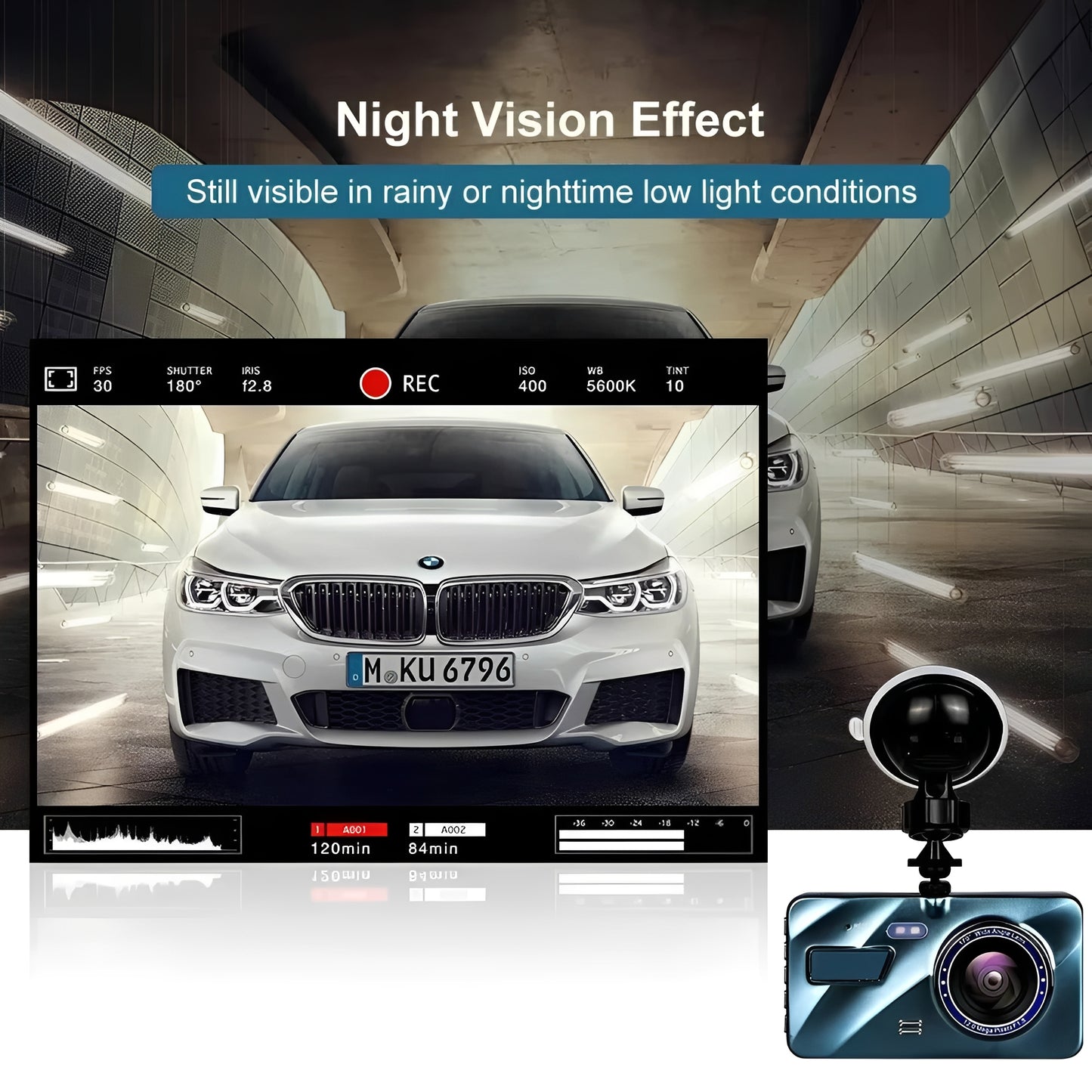 Front and Rear Dual Lens Dash Cam with 4 Inch Display