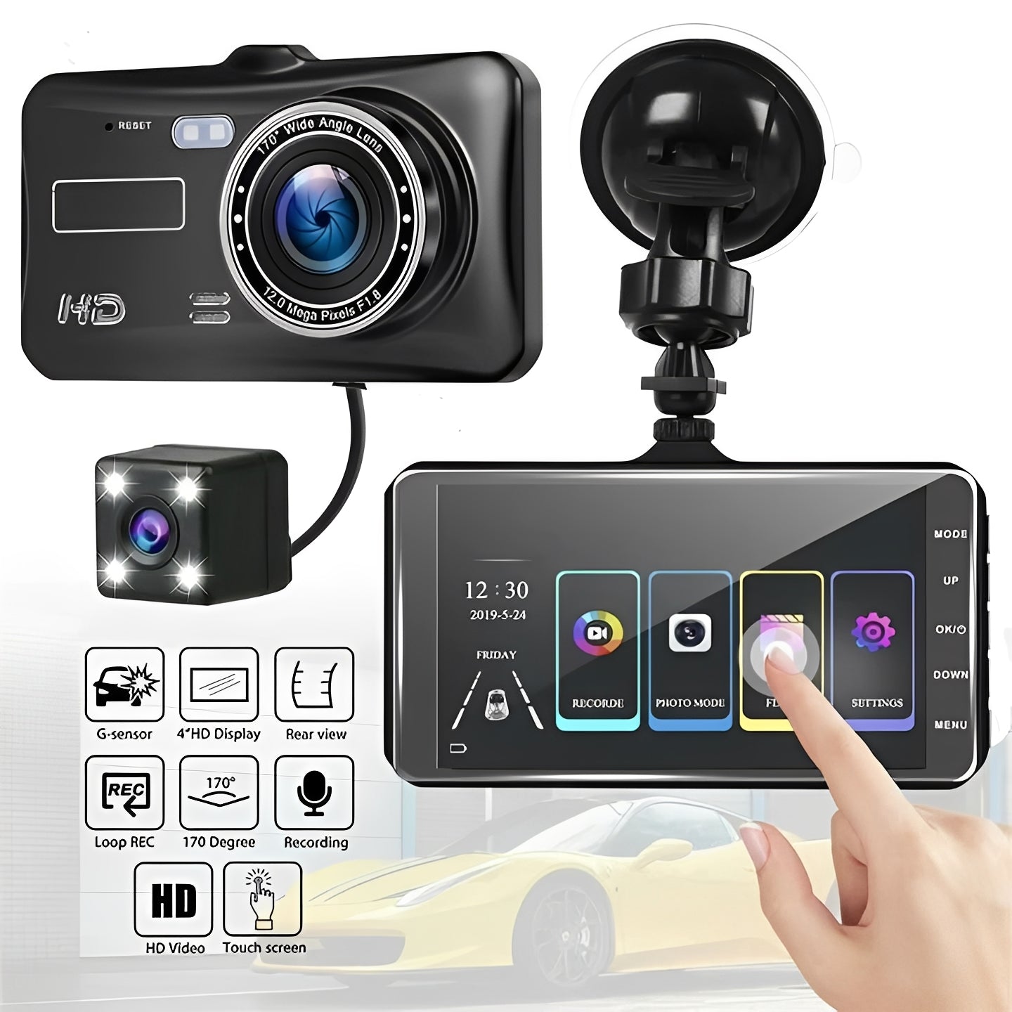 Front and Rear Vehicle Dash Camera with 1080P Recording