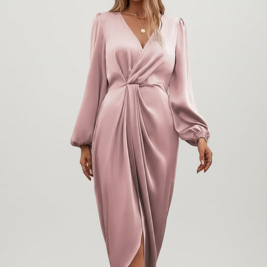 Women’s Long Sleeve V Neck Dress with Mid Length Hem