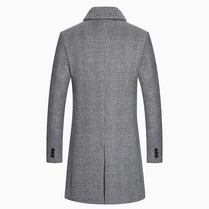 Men's Plaid Wool Coat with Cotton Padding and Lapel Collar