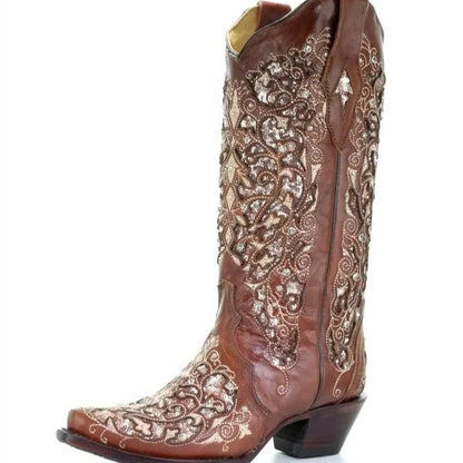 Sequined Embroidered Pointed Toe Boots with Color Block Heel Design
