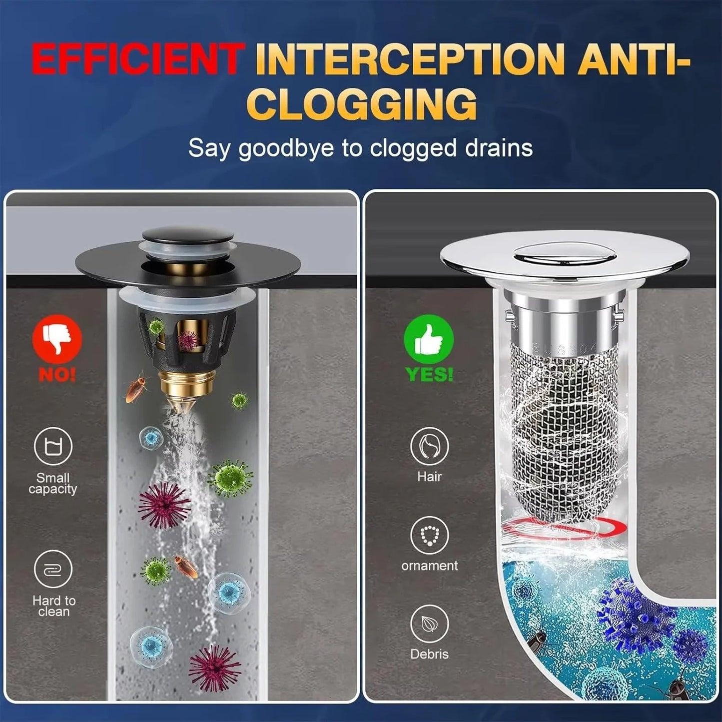 Pop Up Sink Drain Plug with Hair and Debris Catcher for Bathroom and Kitchen