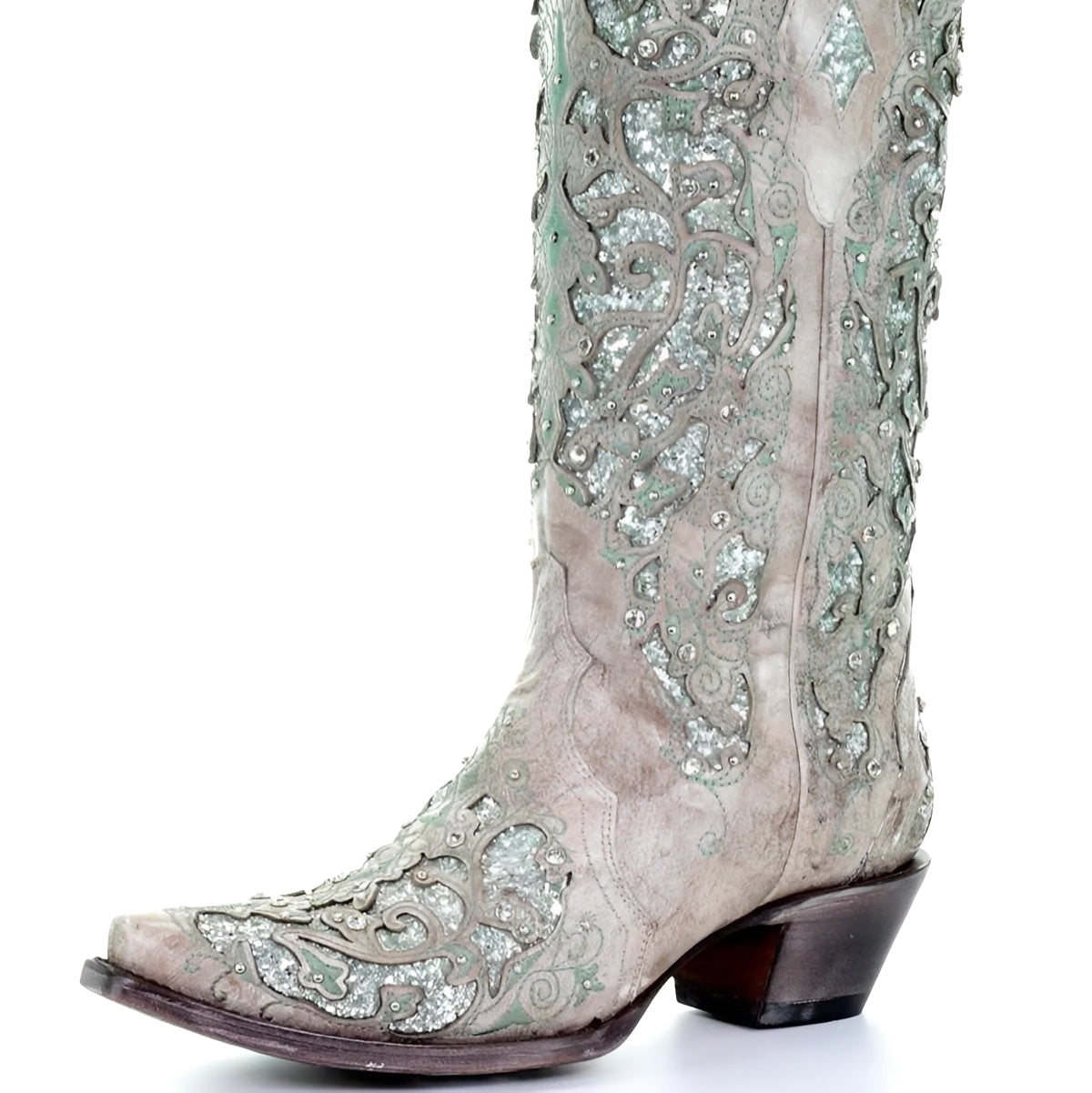 Embroidered Knee High Boots with Sequin Detail and Pointed Toe